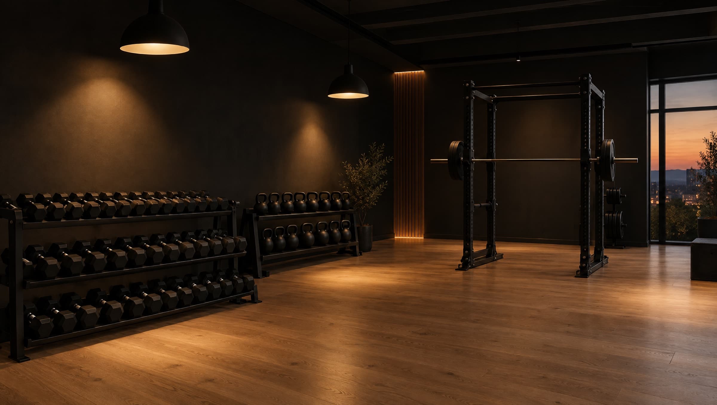 Boutique training studio with kettlebells and dumbbells